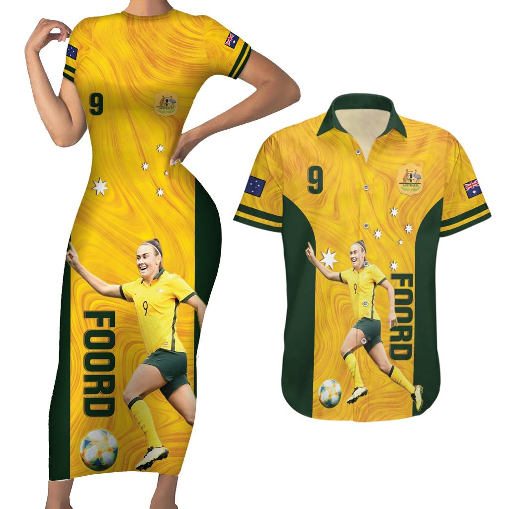 Australia Soccer Couples Matching Short Sleeve Bodycon Dress and Hawaiian Shirt Foord Matildas - Gold Marble