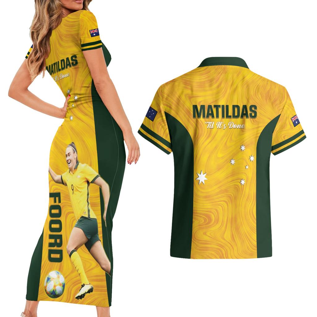Australia Soccer Couples Matching Short Sleeve Bodycon Dress and Hawaiian Shirt Foord Matildas - Gold Marble