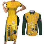 Australia Soccer Couples Matching Short Sleeve Bodycon Dress and Long Sleeve Button Shirt Foord Matildas - Gold Marble