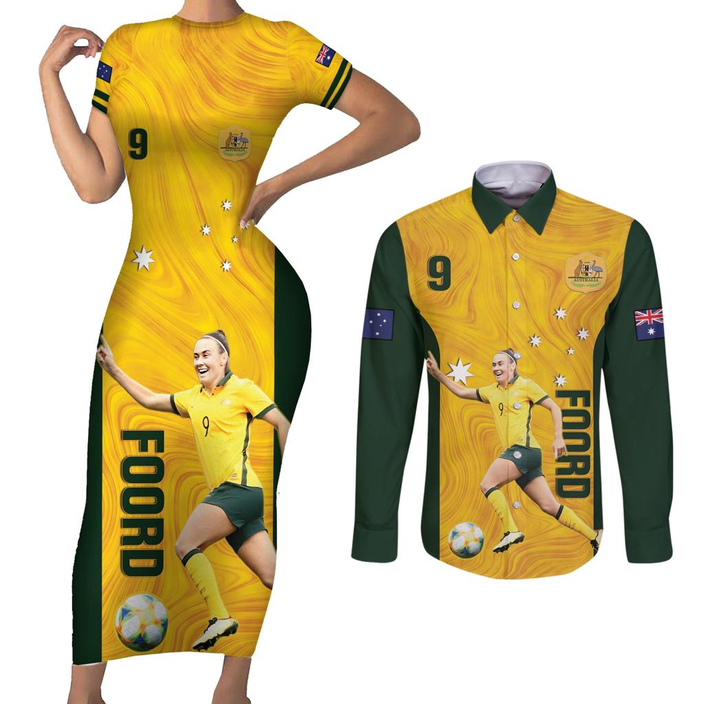 Australia Soccer Couples Matching Short Sleeve Bodycon Dress and Long Sleeve Button Shirt Foord Matildas - Gold Marble