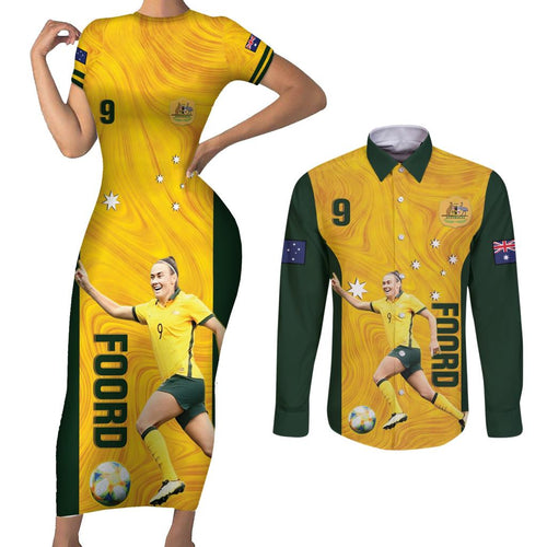 Australia Soccer Couples Matching Short Sleeve Bodycon Dress and Long Sleeve Button Shirt Foord Matildas - Gold Marble