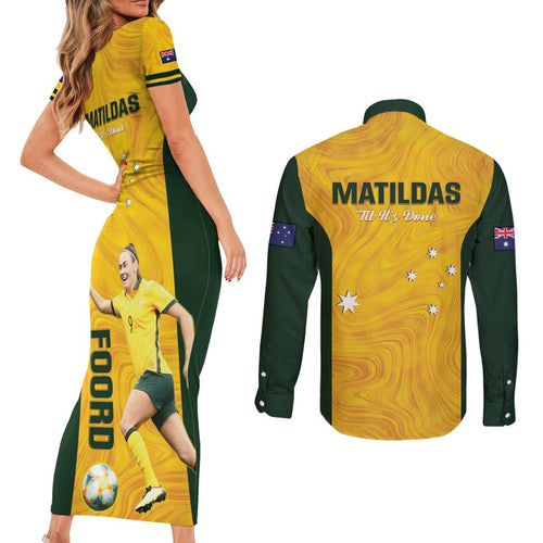 Australia Soccer Couples Matching Short Sleeve Bodycon Dress and Long Sleeve Button Shirt Foord Matildas - Gold Marble