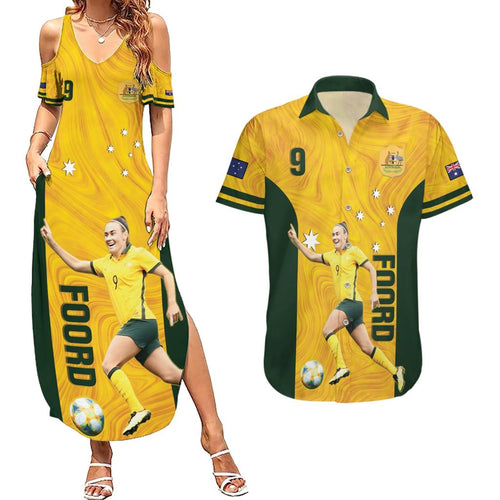 Australia Soccer Couples Matching Summer Maxi Dress and Hawaiian Shirt Foord Matildas - Gold Marble