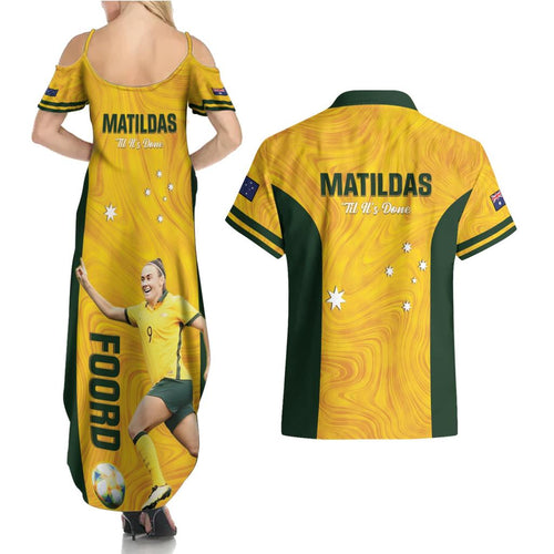 Australia Soccer Couples Matching Summer Maxi Dress and Hawaiian Shirt Foord Matildas - Gold Marble