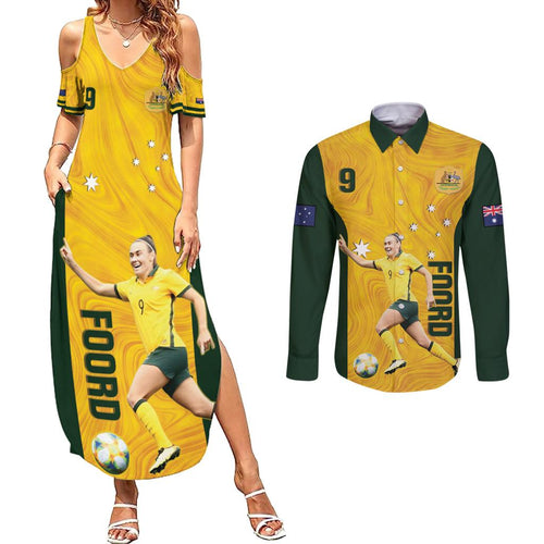 Australia Soccer Couples Matching Summer Maxi Dress and Long Sleeve Button Shirt Foord Matildas - Gold Marble