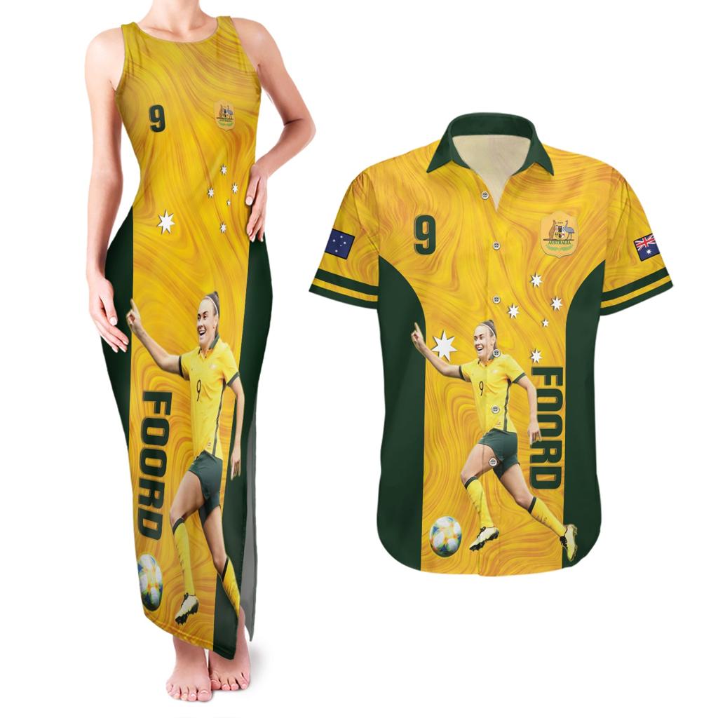 Australia Soccer Couples Matching Tank Maxi Dress and Hawaiian Shirt Foord Matildas - Gold Marble