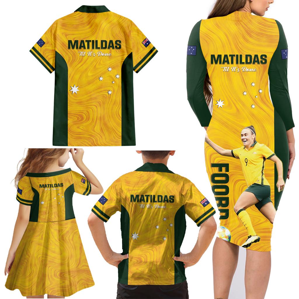 Australia Soccer Family Matching Long Sleeve Bodycon Dress and Hawaiian Shirt Foord Matildas - Gold Marble