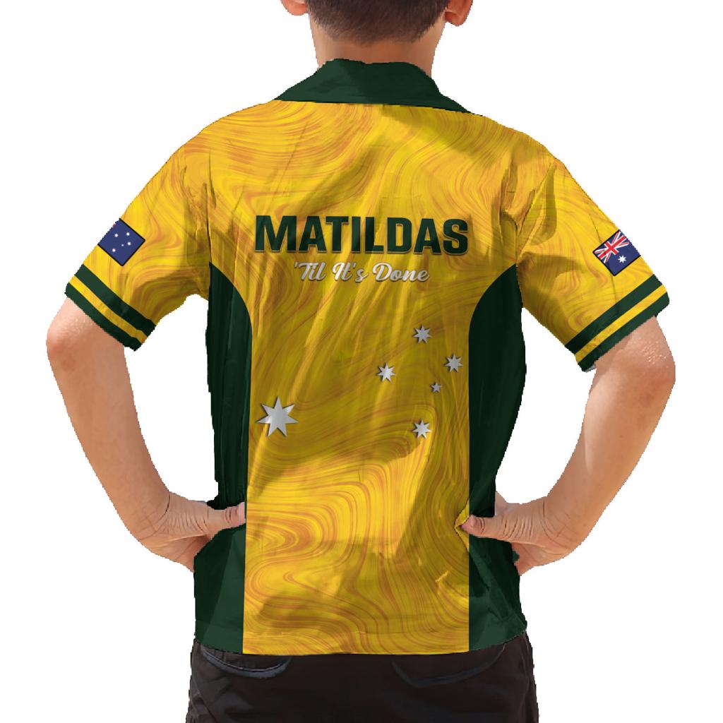 Australia Soccer Family Matching Off The Shoulder Long Sleeve Dress and Hawaiian Shirt Foord Matildas - Gold Marble