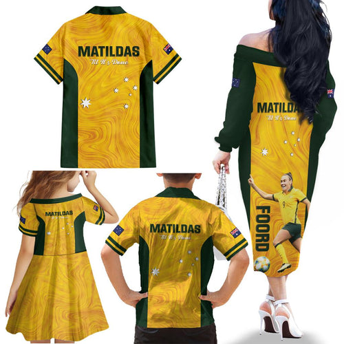 Australia Soccer Family Matching Off The Shoulder Long Sleeve Dress and Hawaiian Shirt Foord Matildas - Gold Marble