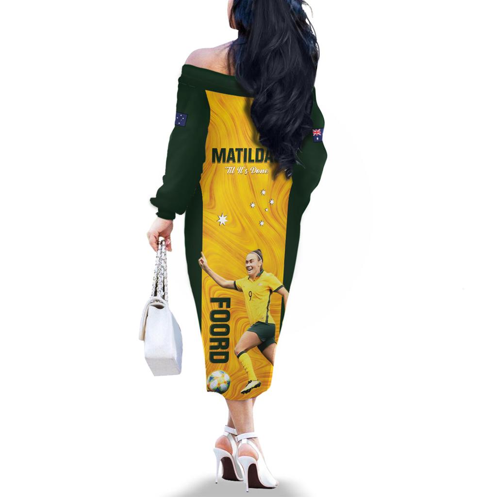Australia Soccer Family Matching Off The Shoulder Long Sleeve Dress and Hawaiian Shirt Foord Matildas - Gold Marble
