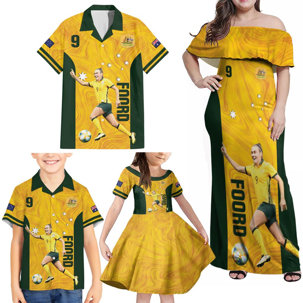 Australia Soccer Family Matching Off Shoulder Maxi Dress and Hawaiian Shirt Foord Matildas - Gold Marble