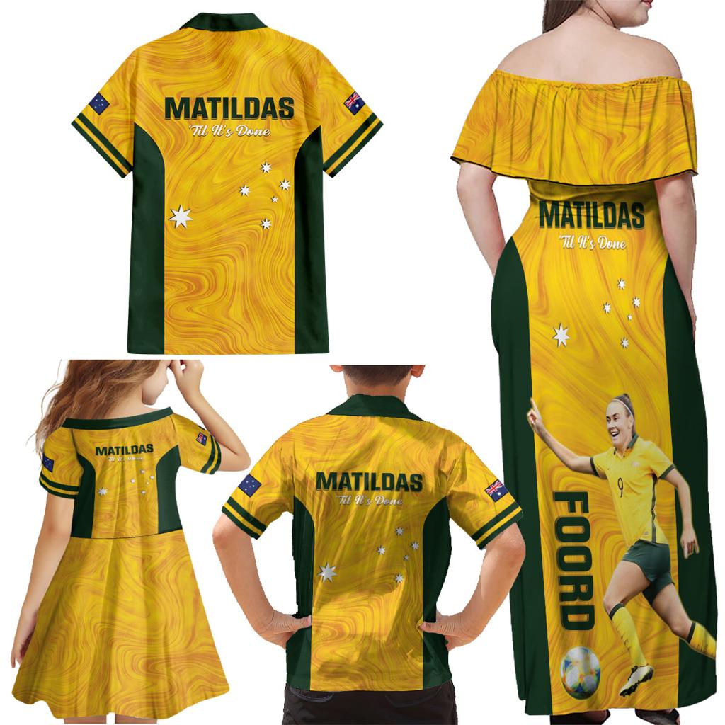 Australia Soccer Family Matching Off Shoulder Maxi Dress and Hawaiian Shirt Foord Matildas - Gold Marble