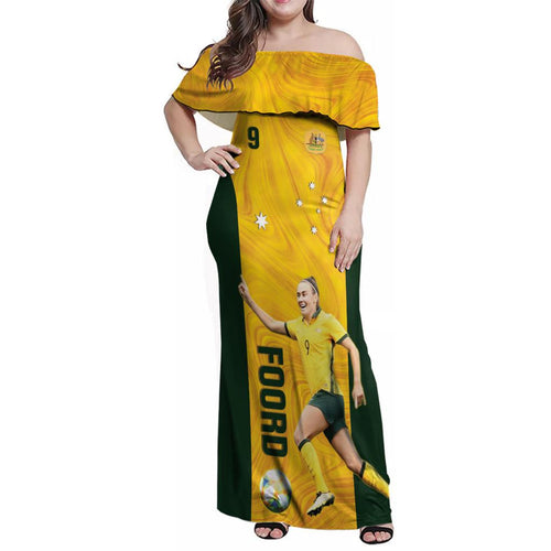 Australia Soccer Family Matching Off Shoulder Maxi Dress and Hawaiian Shirt Foord Matildas - Gold Marble