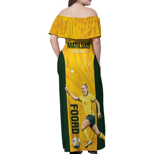 Australia Soccer Family Matching Off Shoulder Maxi Dress and Hawaiian Shirt Foord Matildas - Gold Marble