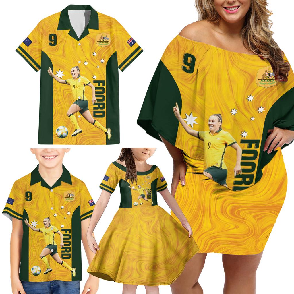 Australia Soccer Family Matching Off Shoulder Short Dress and Hawaiian Shirt Foord Matildas - Gold Marble