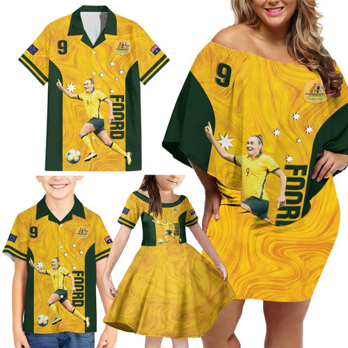 Australia Soccer Family Matching Off Shoulder Short Dress and Hawaiian Shirt Foord Matildas - Gold Marble