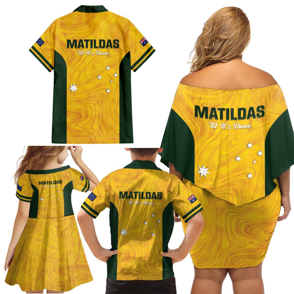Australia Soccer Family Matching Off Shoulder Short Dress and Hawaiian Shirt Foord Matildas - Gold Marble
