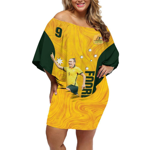 Australia Soccer Family Matching Off Shoulder Short Dress and Hawaiian Shirt Foord Matildas - Gold Marble