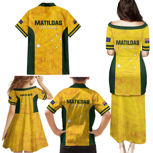 Australia Soccer Family Matching Puletasi and Hawaiian Shirt Foord Matildas - Gold Marble