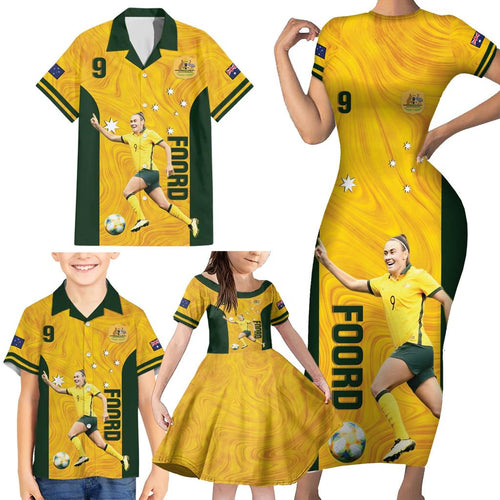 Australia Soccer Family Matching Short Sleeve Bodycon Dress and Hawaiian Shirt Foord Matildas - Gold Marble