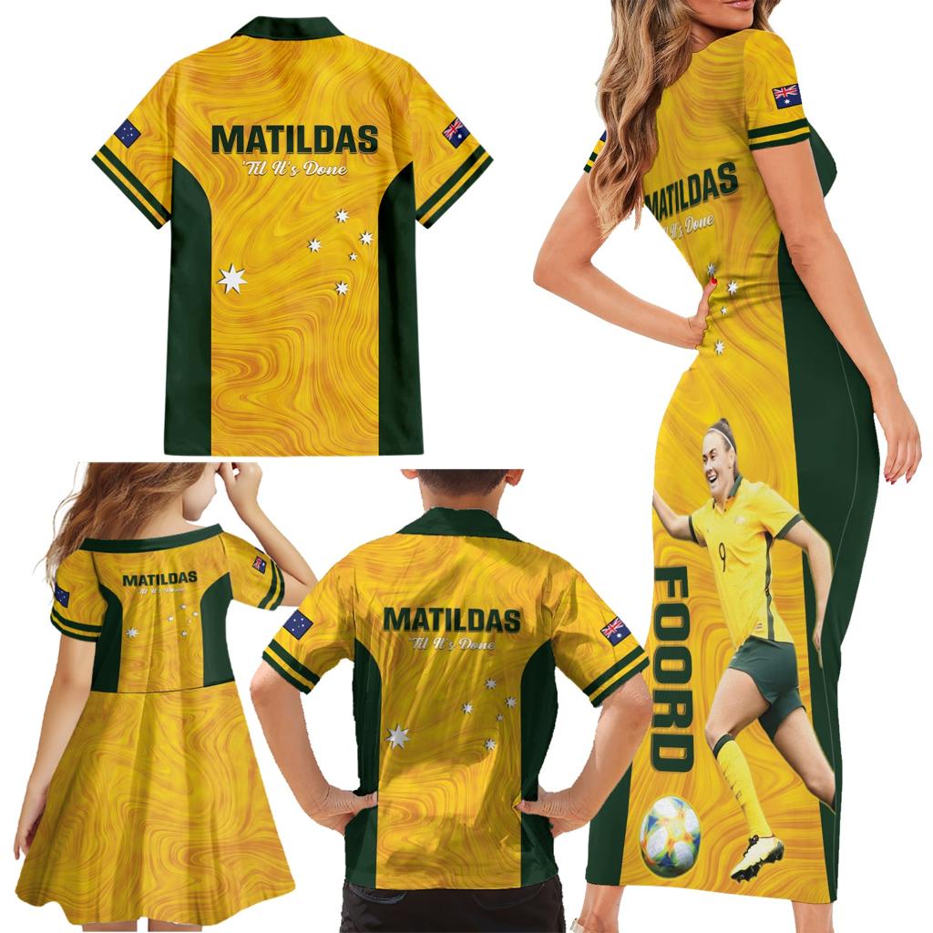 Australia Soccer Family Matching Short Sleeve Bodycon Dress and Hawaiian Shirt Foord Matildas - Gold Marble