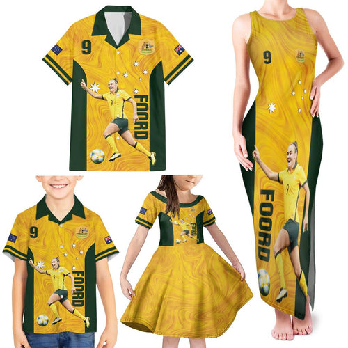 Australia Soccer Family Matching Tank Maxi Dress and Hawaiian Shirt Foord Matildas - Gold Marble