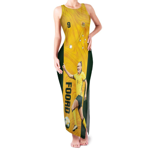 Australia Soccer Family Matching Tank Maxi Dress and Hawaiian Shirt Foord Matildas - Gold Marble