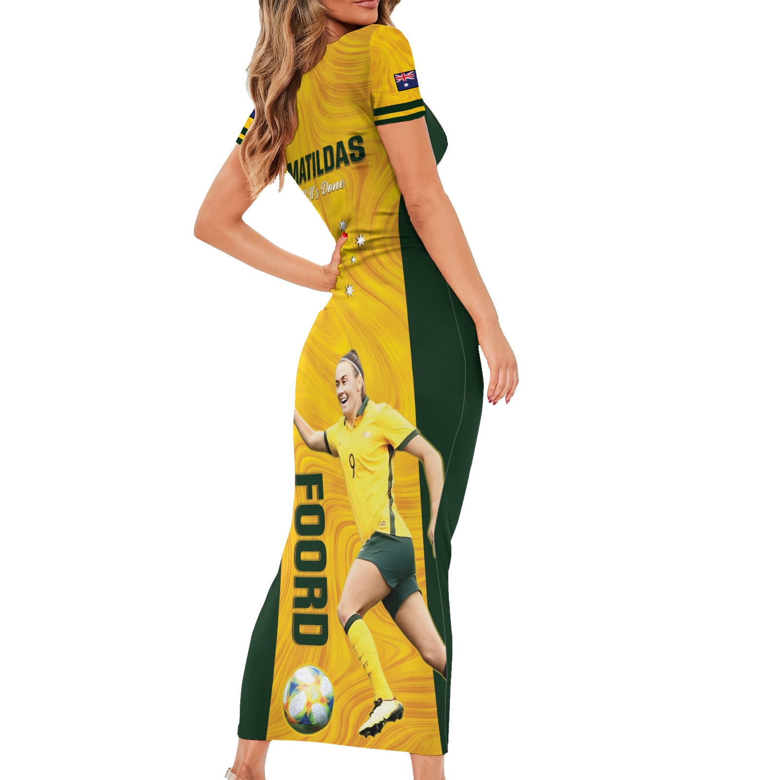 Australia Soccer Short Sleeve Bodycon Dress Foord Matildas - Gold Marble