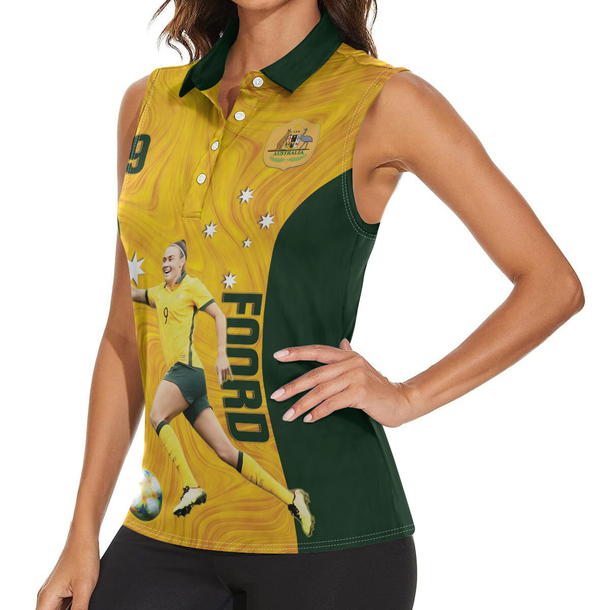 Australia Soccer Women Sleeveless Polo Shirt Foord Matildas - Gold Marble