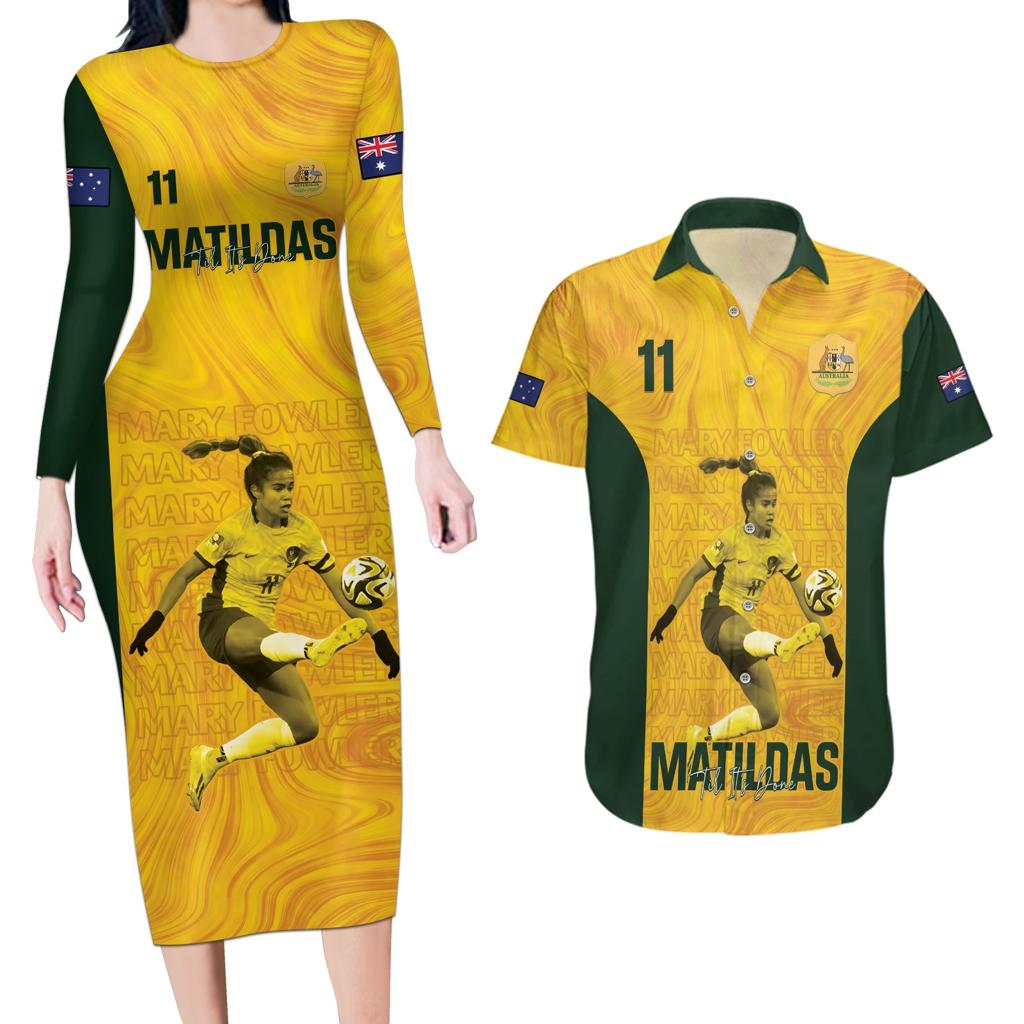 Australia Soccer Couples Matching Long Sleeve Bodycon Dress and Hawaiian Shirt Fowler Matildas - Gold Marble