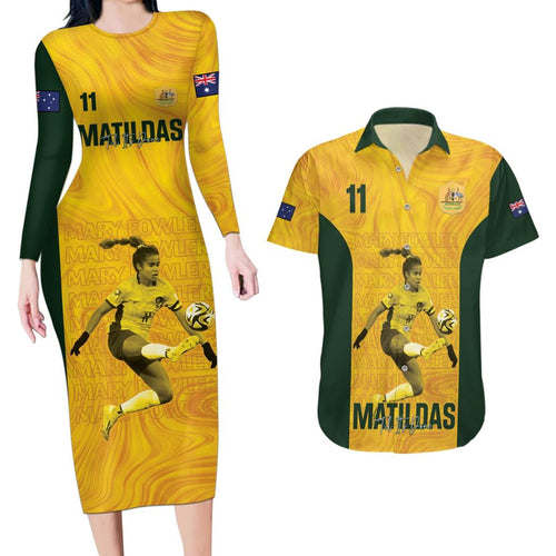 Australia Soccer Couples Matching Long Sleeve Bodycon Dress and Hawaiian Shirt Fowler Matildas - Gold Marble