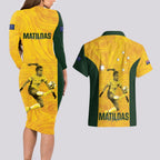 Australia Soccer Couples Matching Long Sleeve Bodycon Dress and Hawaiian Shirt Fowler Matildas - Gold Marble