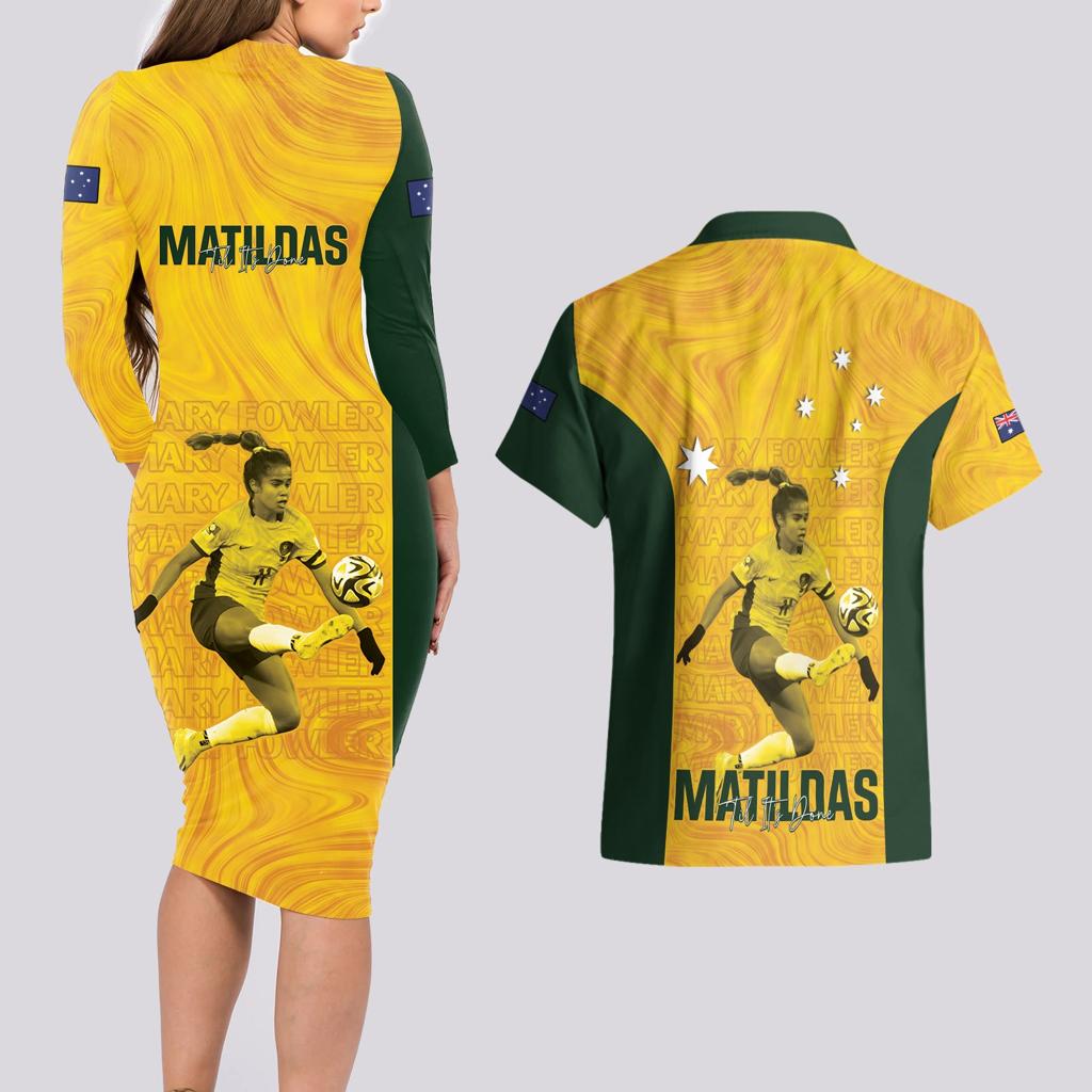 Australia Soccer Couples Matching Long Sleeve Bodycon Dress and Hawaiian Shirt Fowler Matildas - Gold Marble