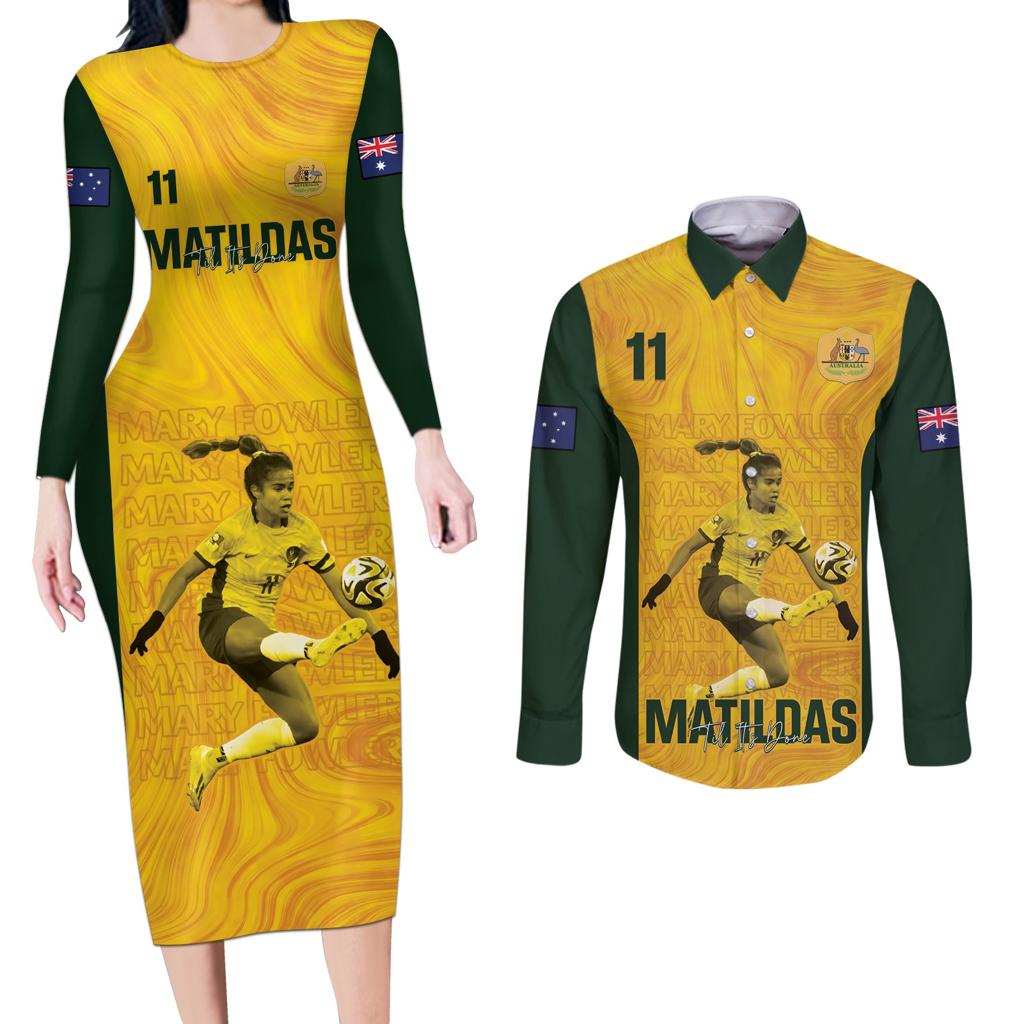 Australia Soccer Couples Matching Long Sleeve Bodycon Dress and Long Sleeve Button Shirt Fowler Matildas - Gold Marble