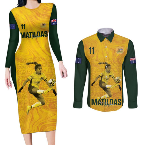 Australia Soccer Couples Matching Long Sleeve Bodycon Dress and Long Sleeve Button Shirt Fowler Matildas - Gold Marble