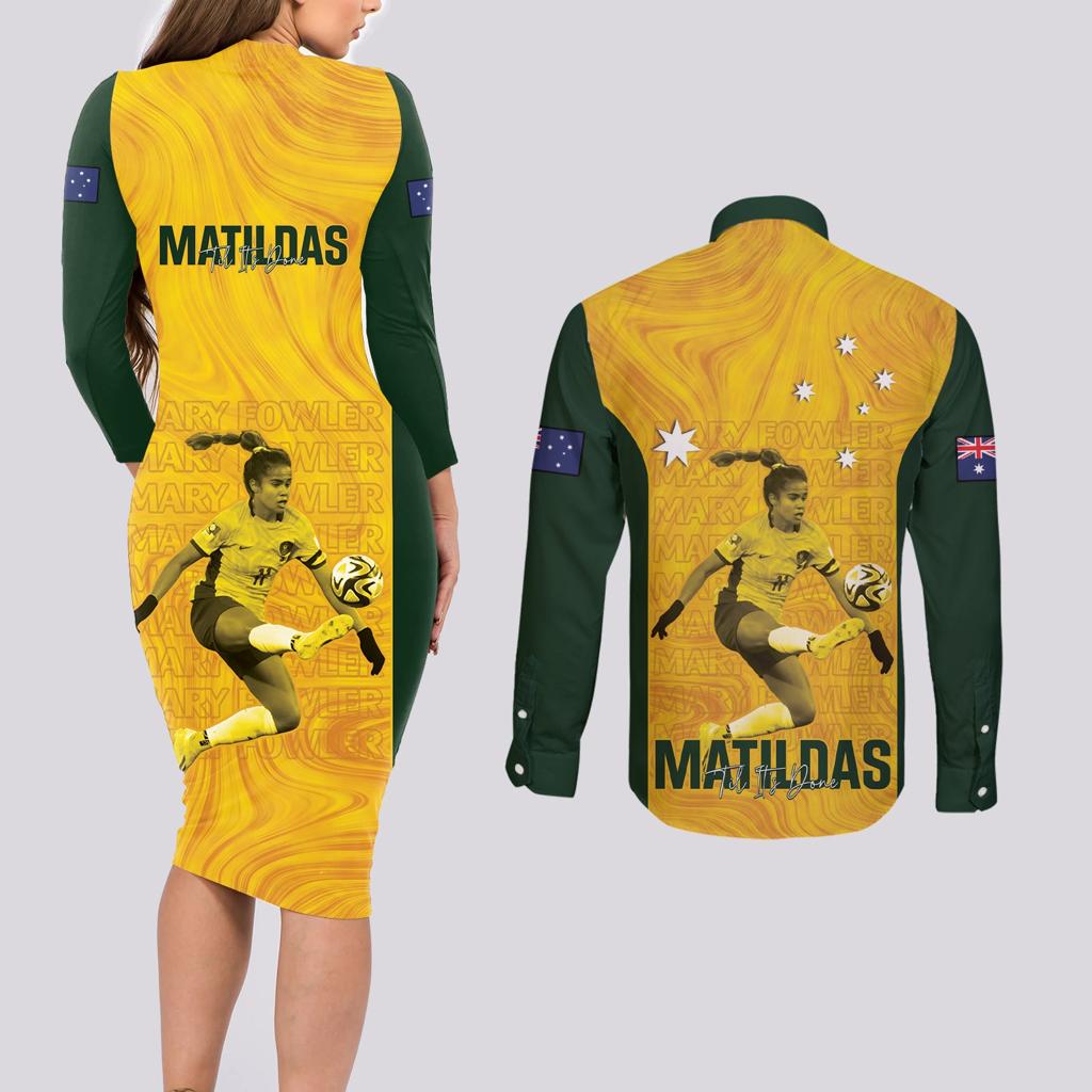 Australia Soccer Couples Matching Long Sleeve Bodycon Dress and Long Sleeve Button Shirt Fowler Matildas - Gold Marble