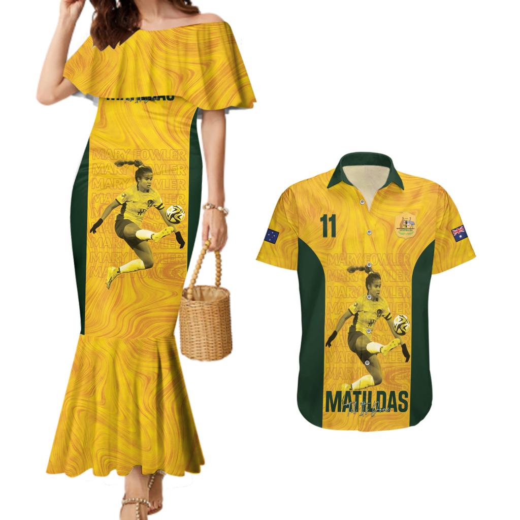 Australia Soccer Couples Matching Mermaid Dress and Hawaiian Shirt Fowler Matildas - Gold Marble