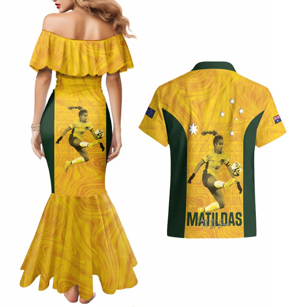 Australia Soccer Couples Matching Mermaid Dress and Hawaiian Shirt Fowler Matildas - Gold Marble