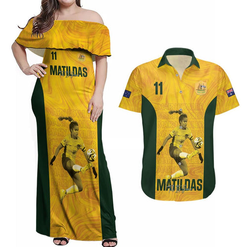 Australia Soccer Couples Matching Off Shoulder Maxi Dress and Hawaiian Shirt Fowler Matildas - Gold Marble