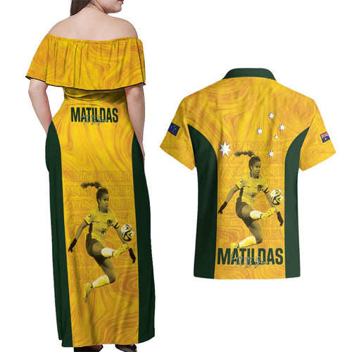 Australia Soccer Couples Matching Off Shoulder Maxi Dress and Hawaiian Shirt Fowler Matildas - Gold Marble