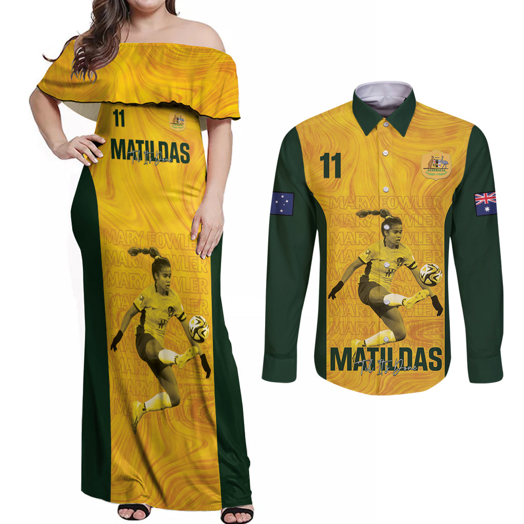 Australia Soccer Couples Matching Off Shoulder Maxi Dress and Long Sleeve Button Shirt Fowler Matildas - Gold Marble