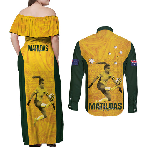Australia Soccer Couples Matching Off Shoulder Maxi Dress and Long Sleeve Button Shirt Fowler Matildas - Gold Marble