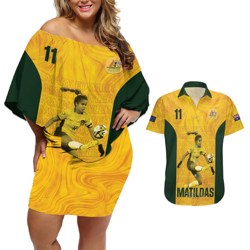 Australia Soccer Couples Matching Off Shoulder Short Dress and Hawaiian Shirt Fowler Matildas - Gold Marble