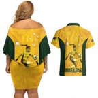 Australia Soccer Couples Matching Off Shoulder Short Dress and Hawaiian Shirt Fowler Matildas - Gold Marble