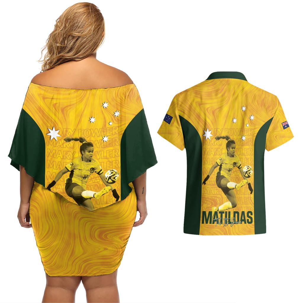 Australia Soccer Couples Matching Off Shoulder Short Dress and Hawaiian Shirt Fowler Matildas - Gold Marble