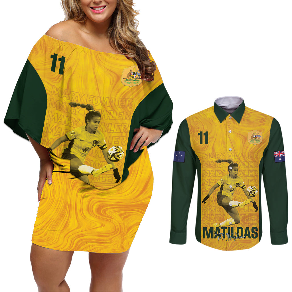 Australia Soccer Couples Matching Off Shoulder Short Dress and Long Sleeve Button Shirt Fowler Matildas - Gold Marble