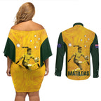 Australia Soccer Couples Matching Off Shoulder Short Dress and Long Sleeve Button Shirt Fowler Matildas - Gold Marble