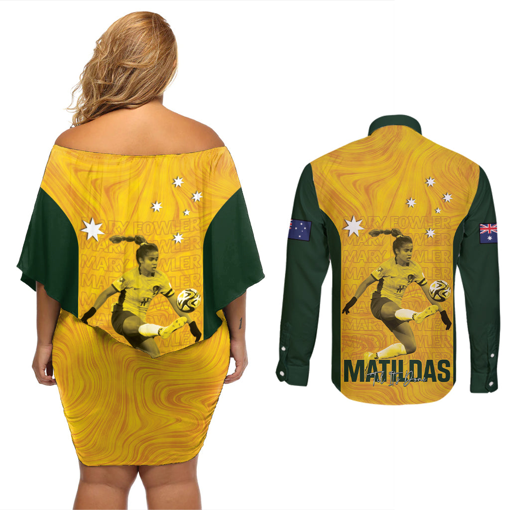 Australia Soccer Couples Matching Off Shoulder Short Dress and Long Sleeve Button Shirt Fowler Matildas - Gold Marble