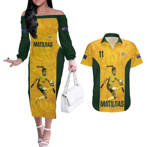 Australia Soccer Couples Matching Off The Shoulder Long Sleeve Dress and Hawaiian Shirt Fowler Matildas - Gold Marble