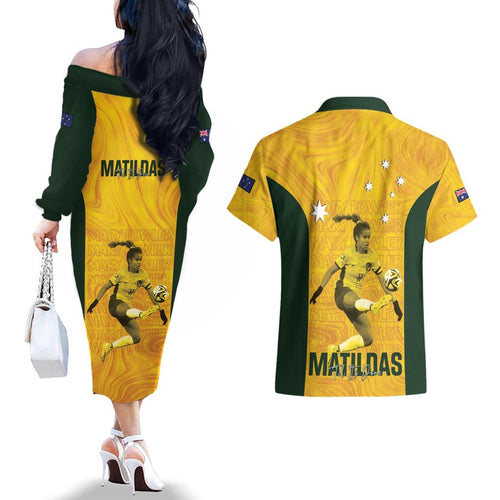 Australia Soccer Couples Matching Off The Shoulder Long Sleeve Dress and Hawaiian Shirt Fowler Matildas - Gold Marble